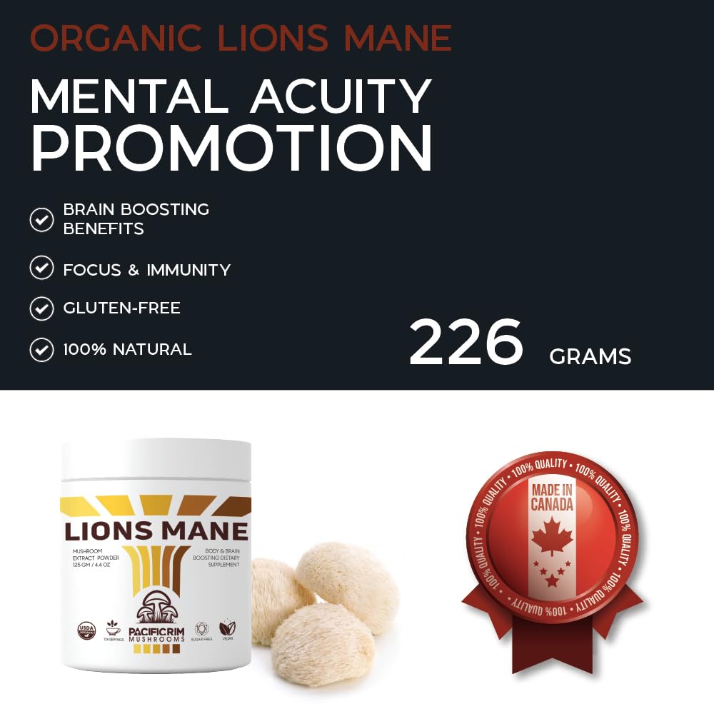 Pacific Rim Mushrooms Lions Mane Supplement Powder Ultra Strength 10:1 Organic Lions Mane Mushroom Supporting Memory, Cognition, Brain Health, 8 Ounces / 226 Servings