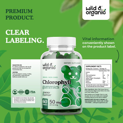 Wild & Organic Chlorophyll Gummies 50mg - Detox Cleanse, Vegan & Non-GMO, 60 Chews (Pack of 2)