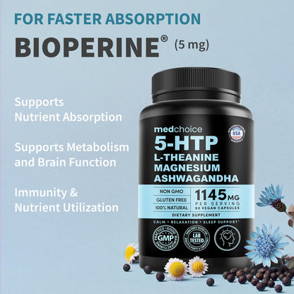 15-in-1 Mood Support Supplement - 5-HTP 200mg + L-Theanine, Magnesium & Ashwagandha