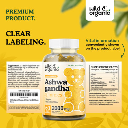 Wild & Organic Ashwagandha Gummies 2000mg – Mood Support Supplement (Pack of 2, 60 Vegan Chews)