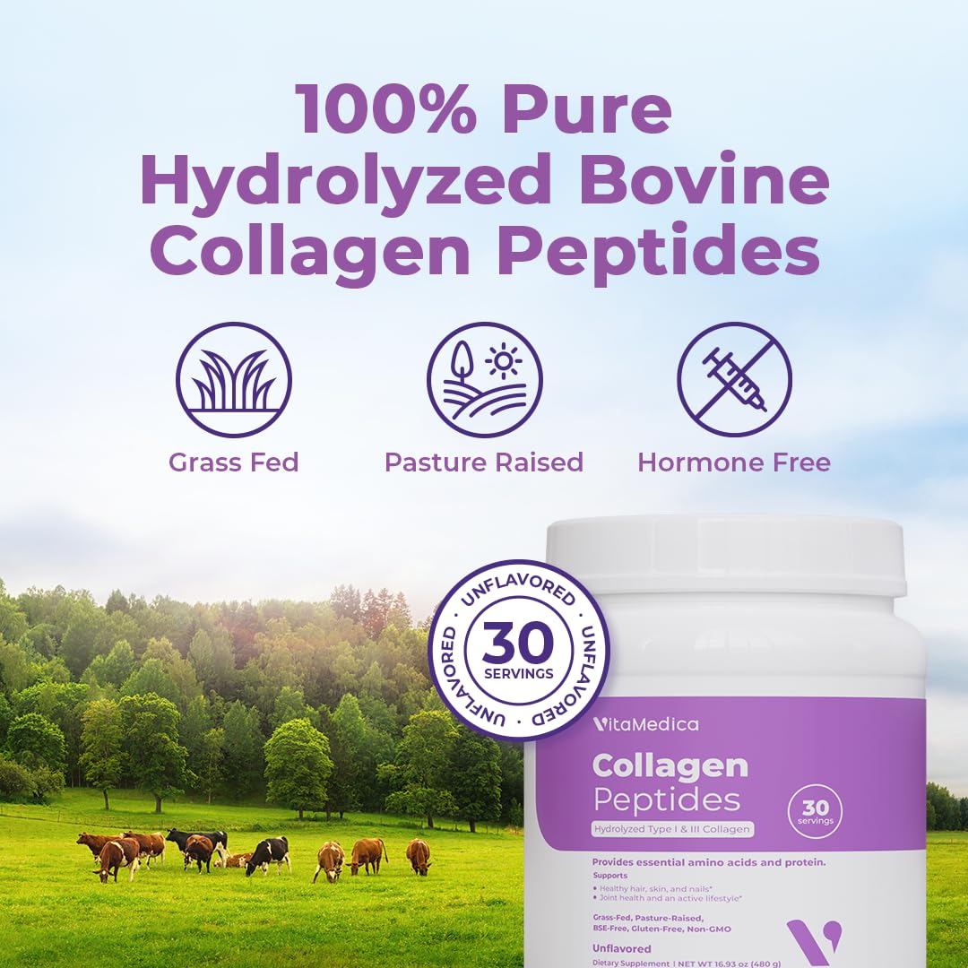 VitaMedica Collagen Peptides Powder – Grass-Fed, Hydrolyzed Types I & III, Zero Sugar, Pack of 2