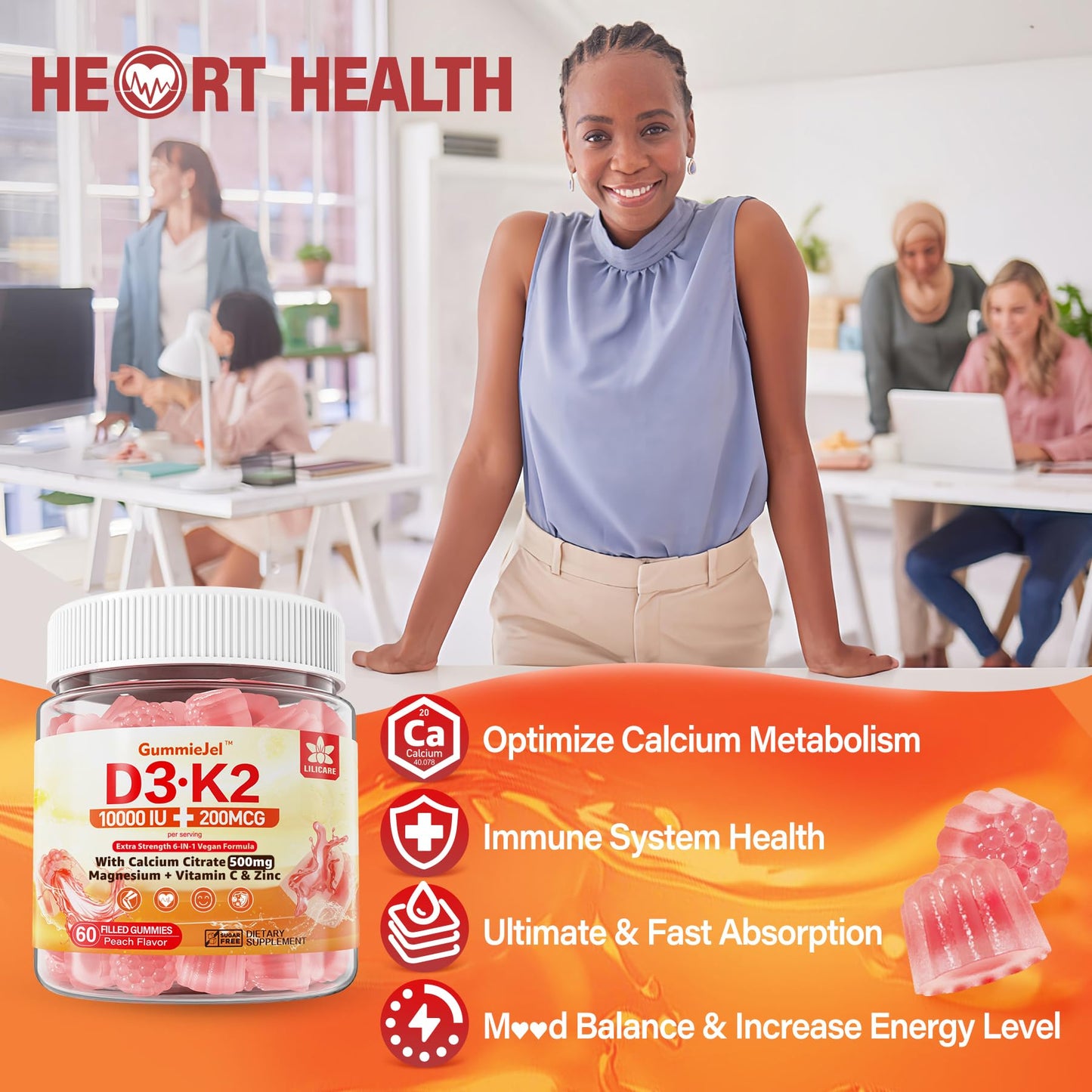 LILICARE Vitamin D3 K2 Filled Gummies – Vegan, Ultra-Strength D3/K2 with Calcium & Magnesium, Pack of 2