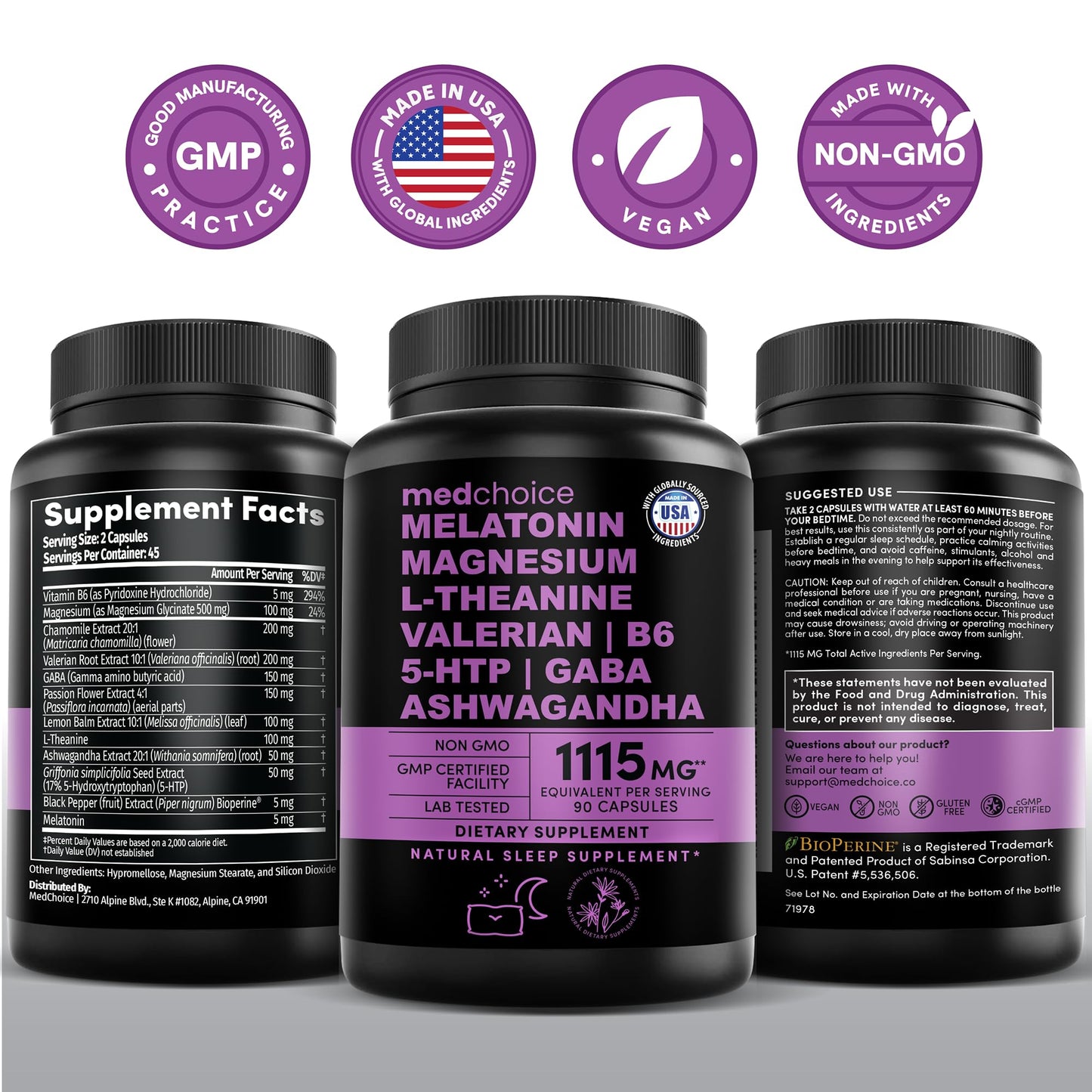 MEDCHOICE 12-in-1 Melatonin Sleep Capsules – 5 mg Melatonin & 500 mg Magnesium Glycinate (90ct, Pack of 3)