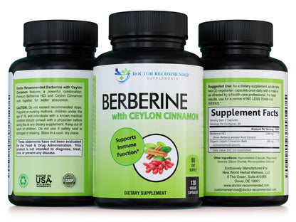 Doctor Recommended Supplements Berberine with Ceylon Cinnamon – 360 Veggie Capsules (Pack of 3) | 1200mg Berberine + 100mg Cinnamon