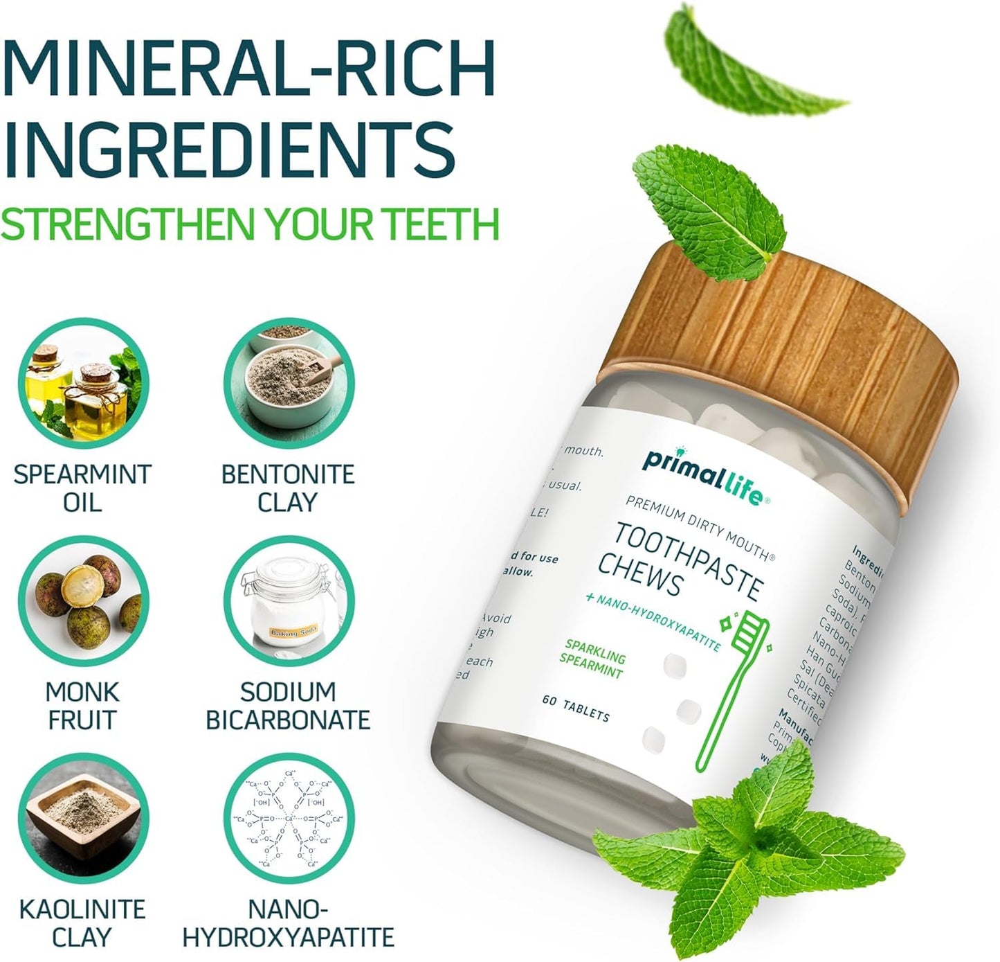 Primal Life Organics Dirty Mouth Chews – Nano-Hydroxyapatite Whitening (60 ct, Sparkling Spearmint)
