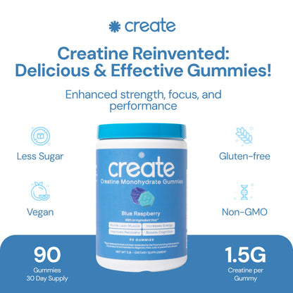 Create Creatine Monohydrate Gummies – 1.5g per Gummy, Vegan, Anti-Melting