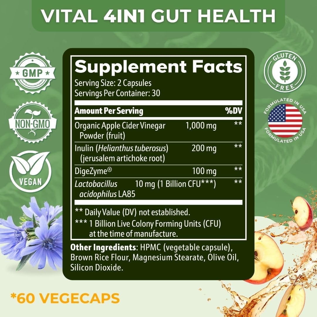 Vital Gut Health 4-in-1 Formula with ACV, Prebiotics & Probiotics | Digestive Enzymes | Vital Nutritive