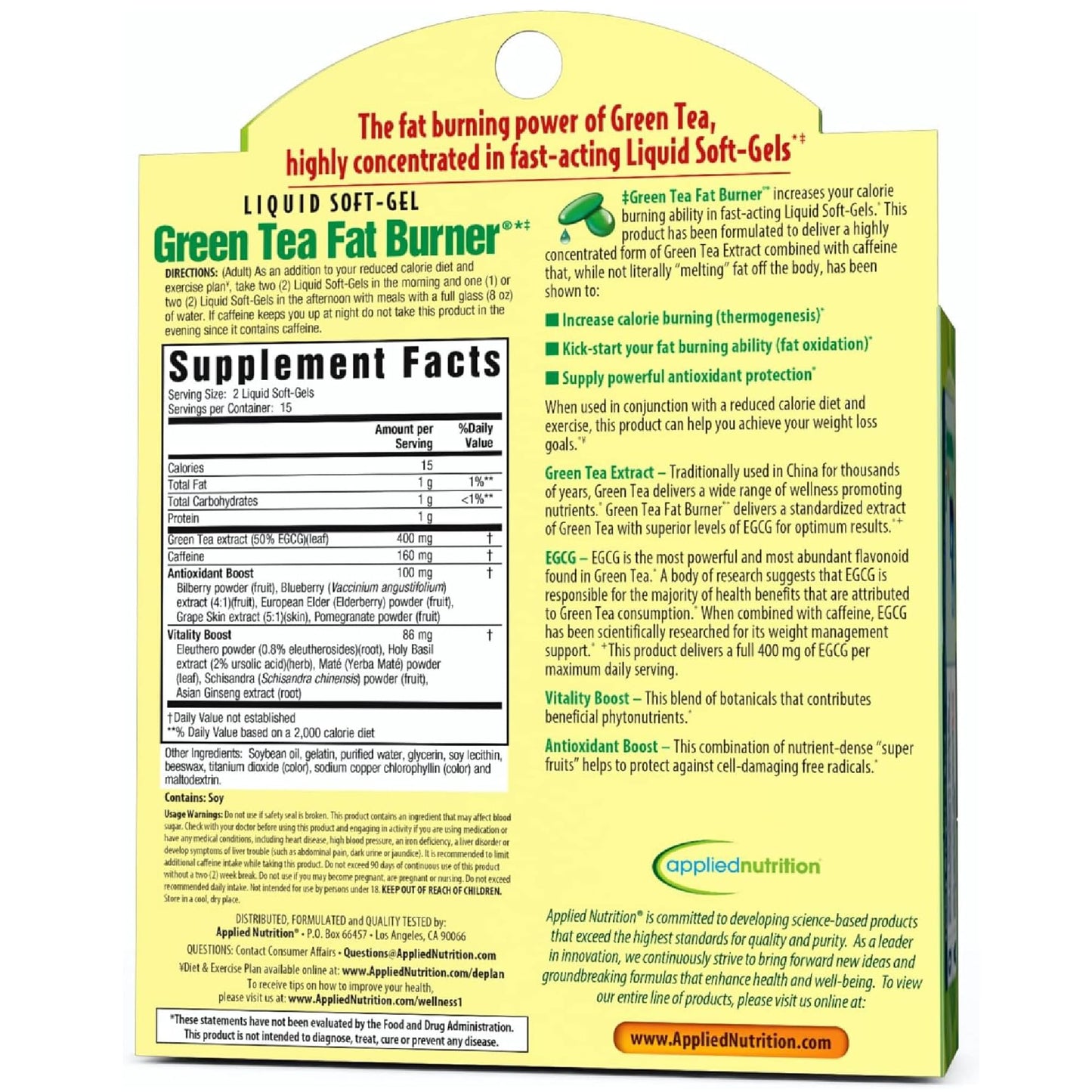 Applied Nutrition Green Tea Fat Burner – EGCG 400 mg + Green Coffee Bean Extract