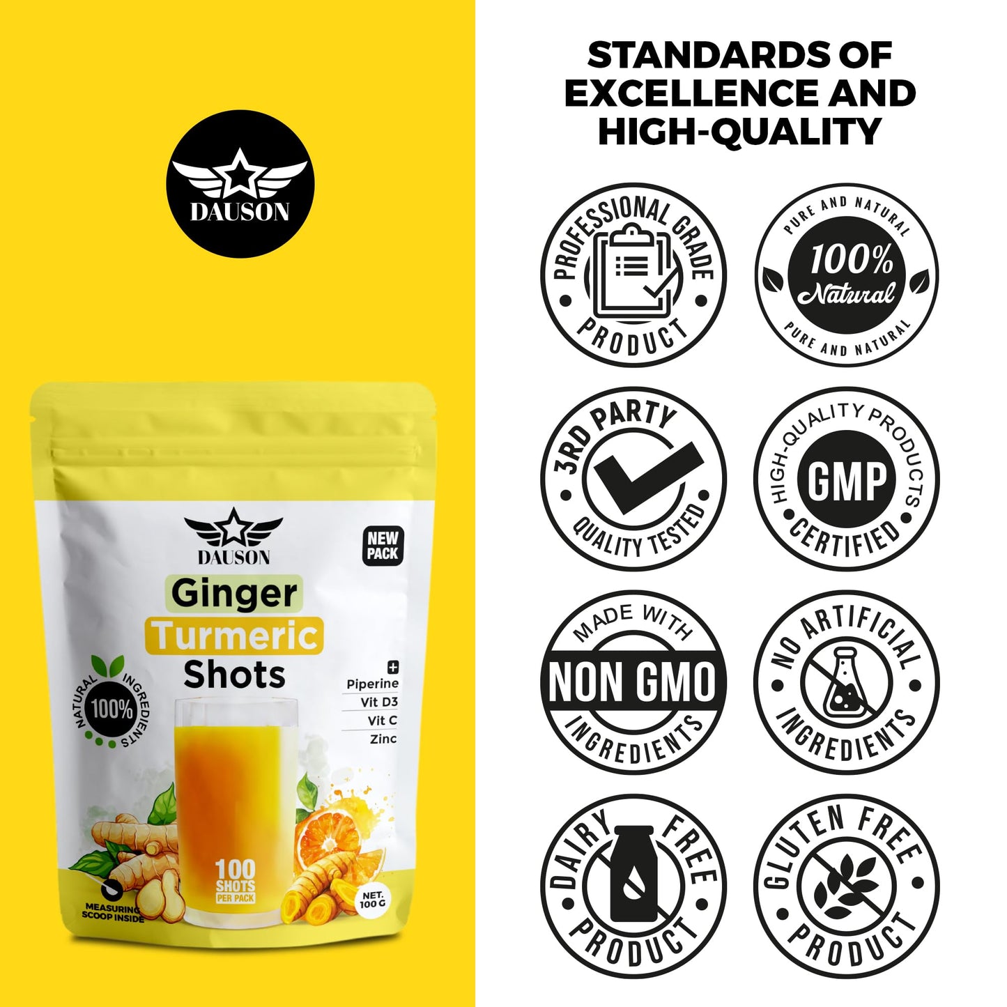 Ginger Turmeric Powder with Piperine, Vitamin C, Vitamin D3 & Zinc – 100 Servings