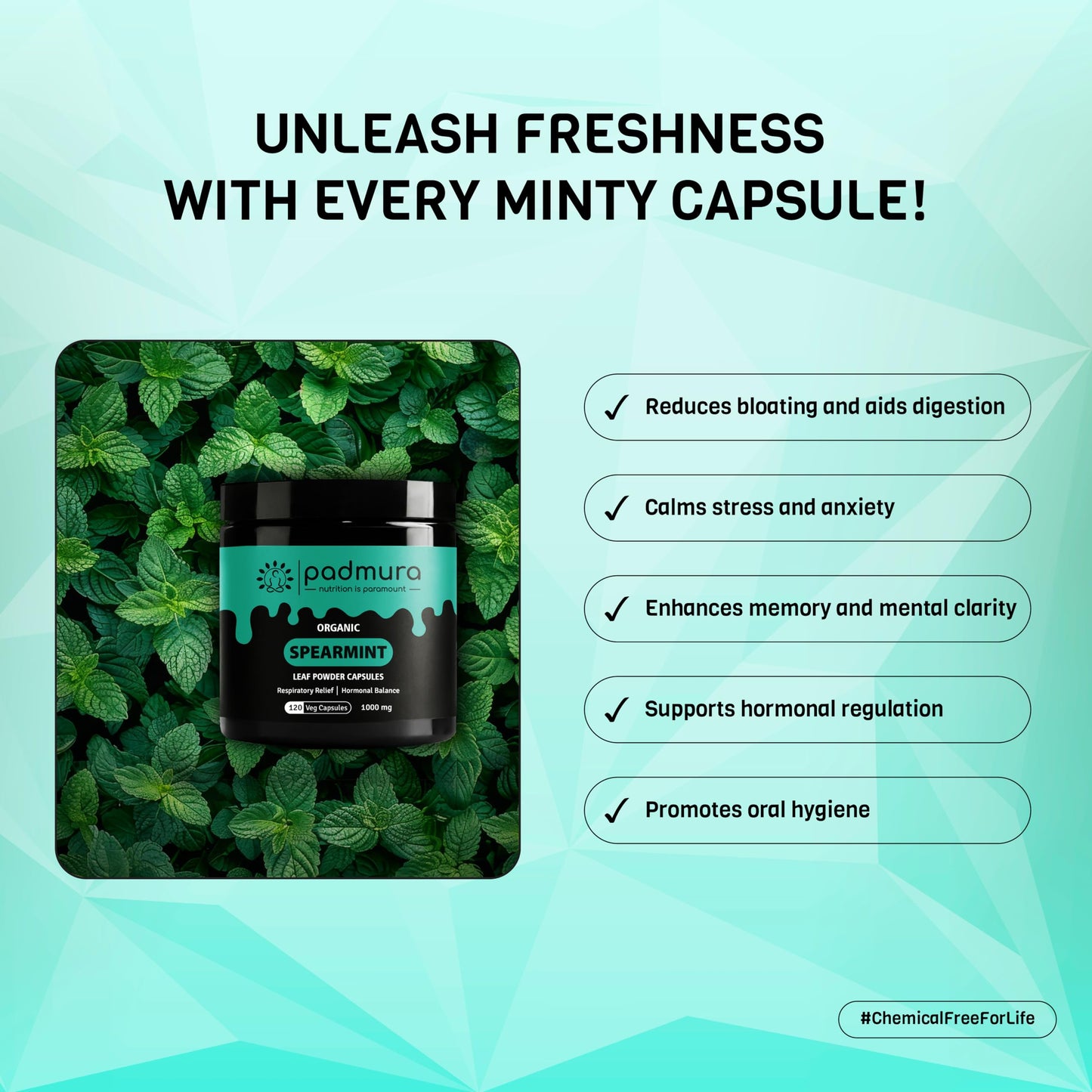 PADMURA Organic Spearmint Powder Capsules 1000mg | USDA Organic Certified | Non GMO | Gluten Free | Vegan - 120 Veg Capsules