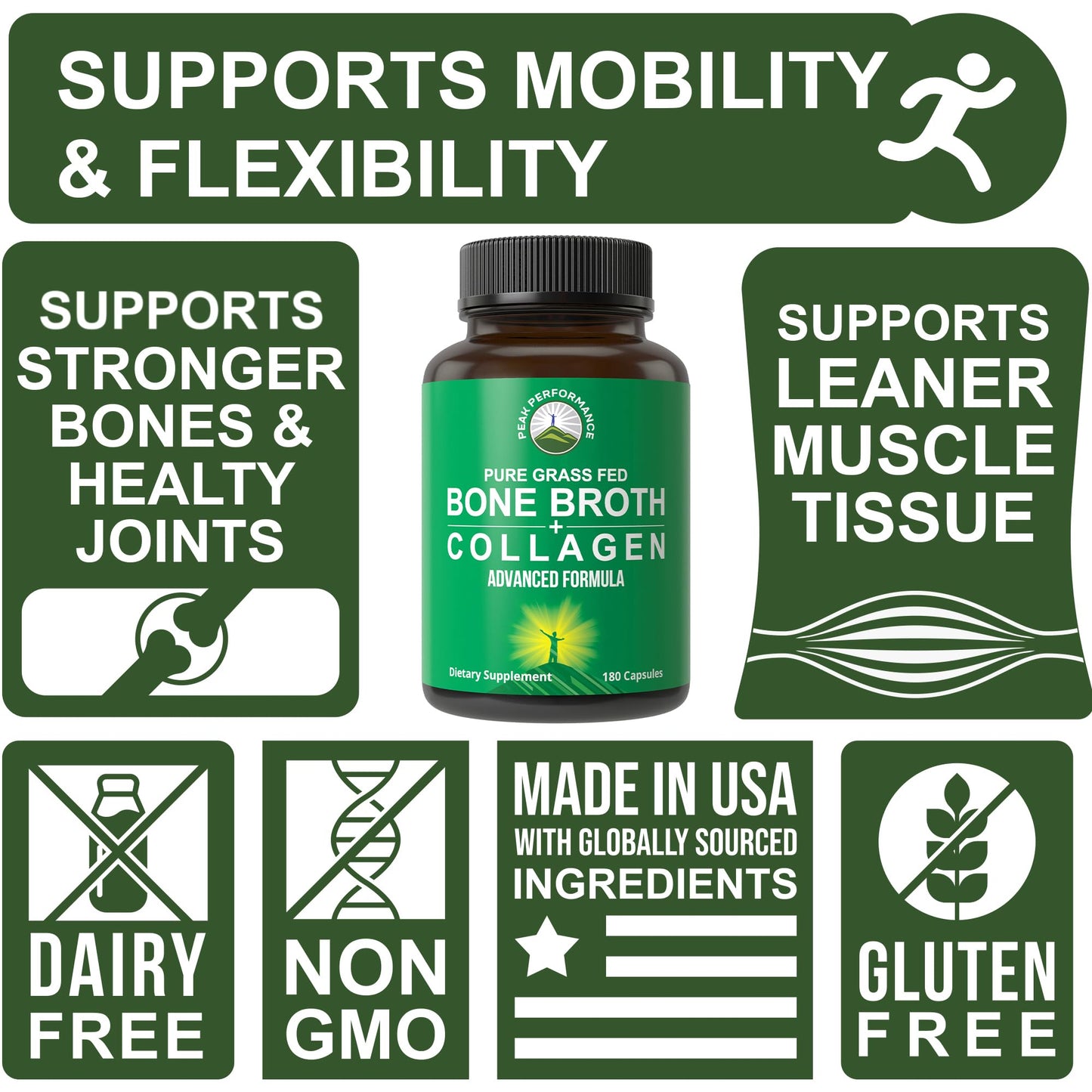 Peak Performance Bone Broth Collagen Capsules — Grass-Fed, All 3 Types (I, II, III) | 180 Pasture-Raised, Paleo-Friendly