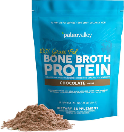 Paleovalley Grass-Fed Bone Broth Protein Powder, Chocolate – 15g Protein