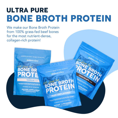 Paleovalley Grass-Fed Bone Broth Protein Powder, Chocolate – 15g Protein