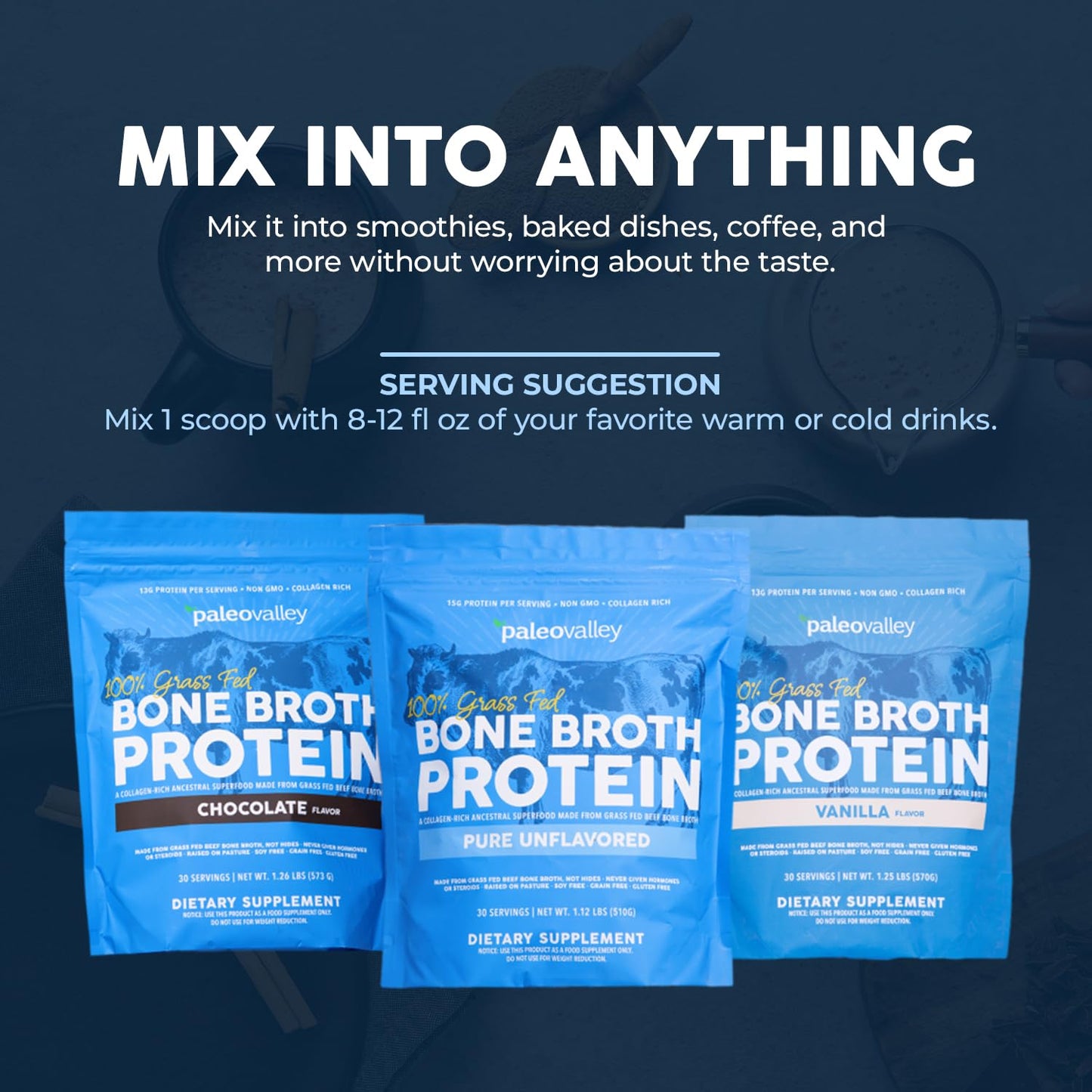Paleovalley Grass-Fed Bone Broth Protein Powder, Chocolate – 15g Protein