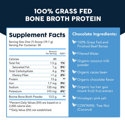 Paleovalley Grass-Fed Bone Broth Protein Powder, Chocolate – 15g Protein
