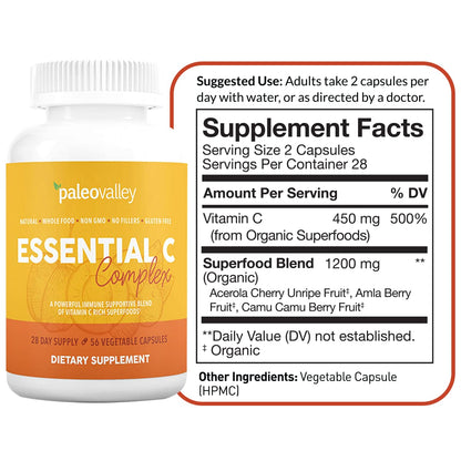 Paleovalley Essential C Complex – Organic Vitamin C from Acerola, Camu Camu & Amla – USA Made