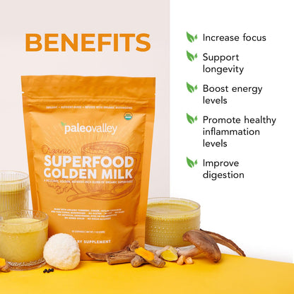 Paleovalley Organic Superfood Golden Milk — Turmeric, Whole Mushroom Blend & MCT Coconut Milk, 30 Servings