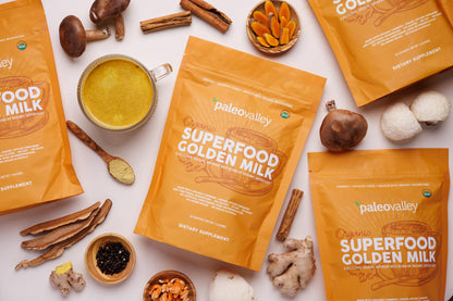 Paleovalley Organic Superfood Golden Milk — Turmeric, Whole Mushroom Blend & MCT Coconut Milk, 30 Servings