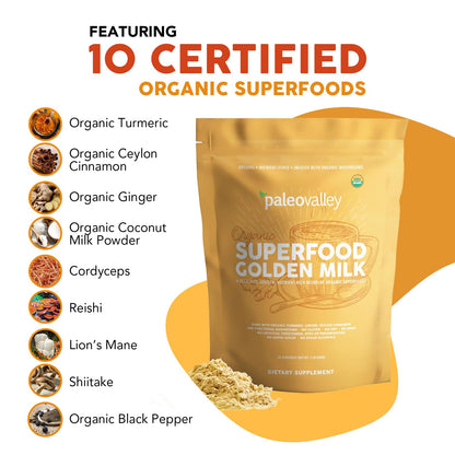 Paleovalley Organic Superfood Golden Milk — Turmeric, Whole Mushroom Blend & MCT Coconut Milk, 30 Servings