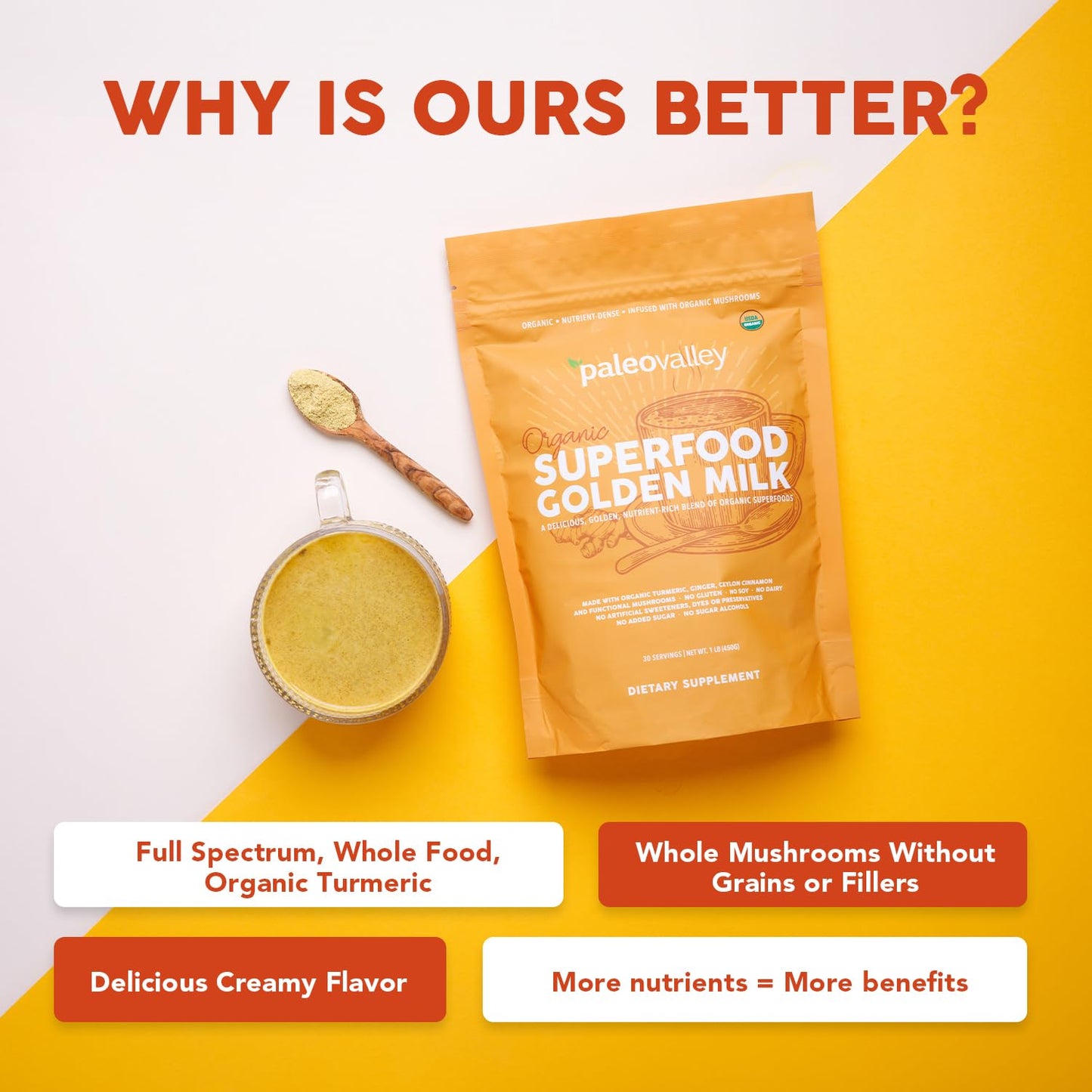 Paleovalley Organic Superfood Golden Milk — Turmeric, Whole Mushroom Blend & MCT Coconut Milk, 30 Servings