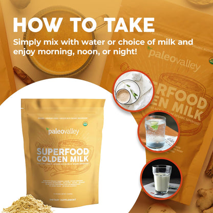 Paleovalley Organic Superfood Golden Milk — Turmeric, Whole Mushroom Blend & MCT Coconut Milk, 30 Servings