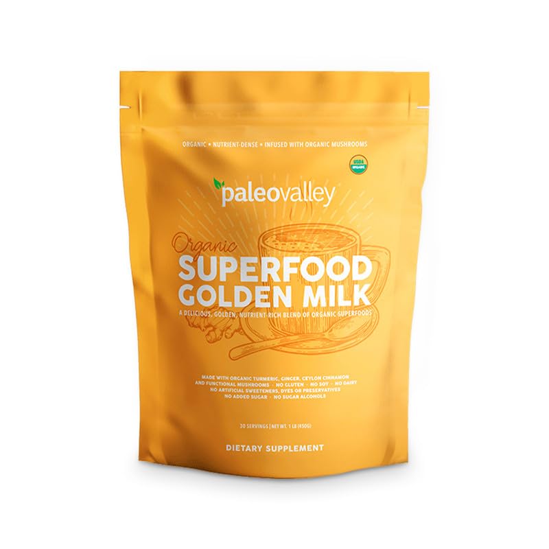 Paleovalley Organic Superfood Golden Milk — Turmeric, Whole Mushroom Blend & MCT Coconut Milk, 30 Servings