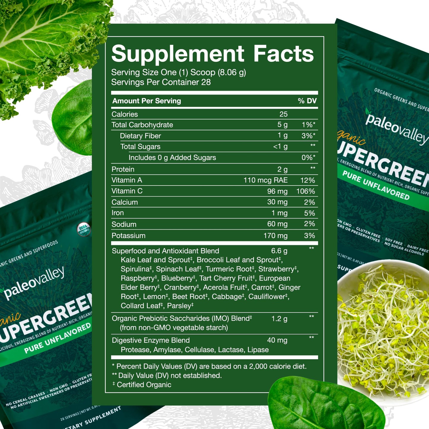 Paleovalley Organic Supergreens Powder - 23 Superfoods, No Cereal Grasses, 30 Servings