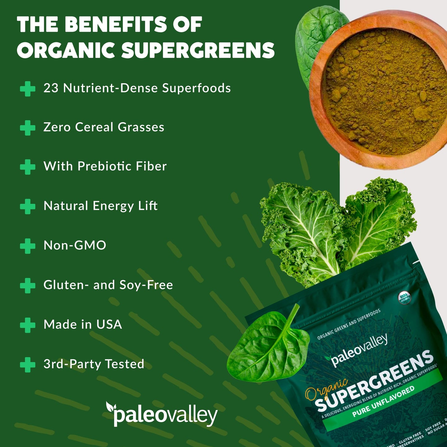 Paleovalley Organic Supergreens Powder - 23 Superfoods, No Cereal Grasses, 30 Servings