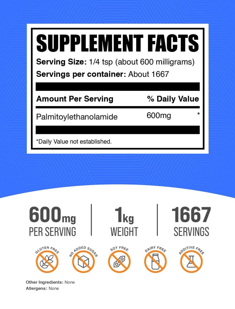 BulkSupplements.com Palmitoylethanolamide Powder - Pea Supplement, Palmitoylethanolamide for Immmune Support - Gluten Free, 600mg per Serving, 1kg (2.2 lbs) (Pack of 1)