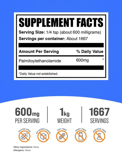 BulkSupplements.com Palmitoylethanolamide Powder - Pea Supplement, Palmitoylethanolamide for Immmune Support - Gluten Free, 600mg per Serving, 1kg (2.2 lbs) (Pack of 1)