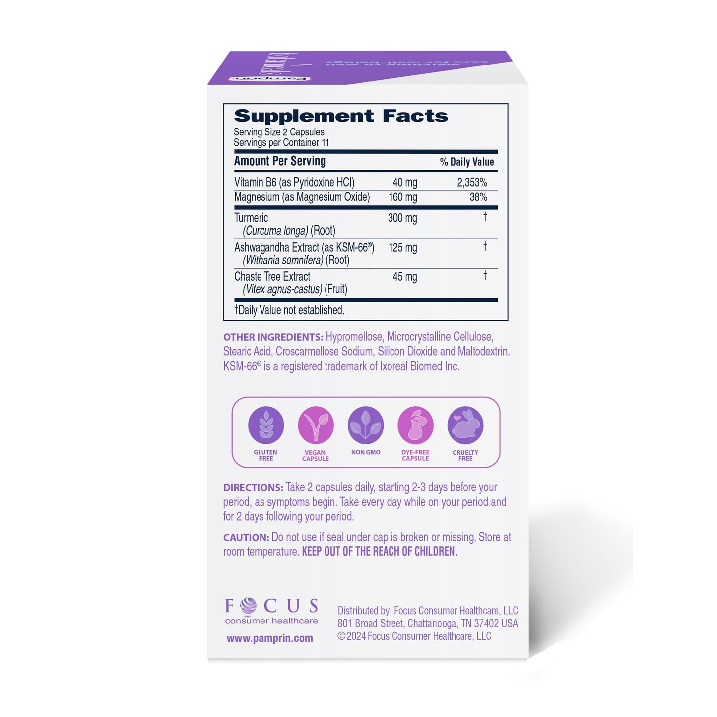Pamprin Botanicals PMS Support – Ashwagandha, Magnesium, Turmeric, B6, Chasteberry (22 Count)
