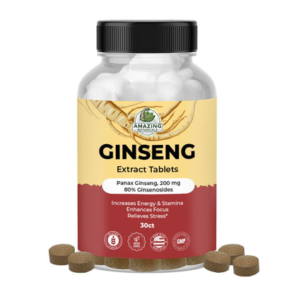 Amazing Botanicals Panax Ginseng Extract Tablets - 200mg, 80% Ginsenosides - Energy & Focus - 30 Tablets