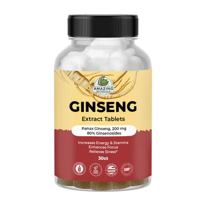 Amazing Botanicals Panax Ginseng Extract Tablets - 200mg, 80% Ginsenosides - Energy & Focus - 30 Tablets
