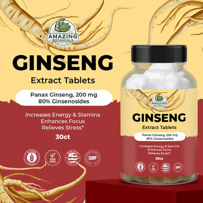 Amazing Botanicals Panax Ginseng Extract Tablets - 200mg, 80% Ginsenosides - Energy & Focus - 30 Tablets