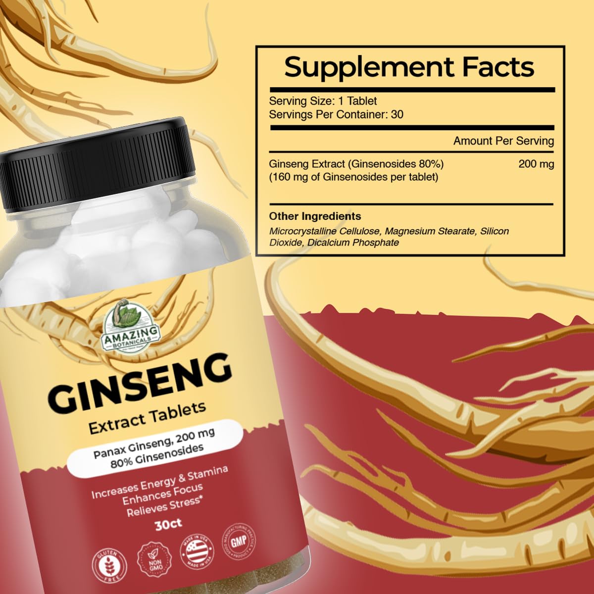 Amazing Botanicals Panax Ginseng Extract Tablets - 200mg, 80% Ginsenosides - Energy & Focus - 30 Tablets
