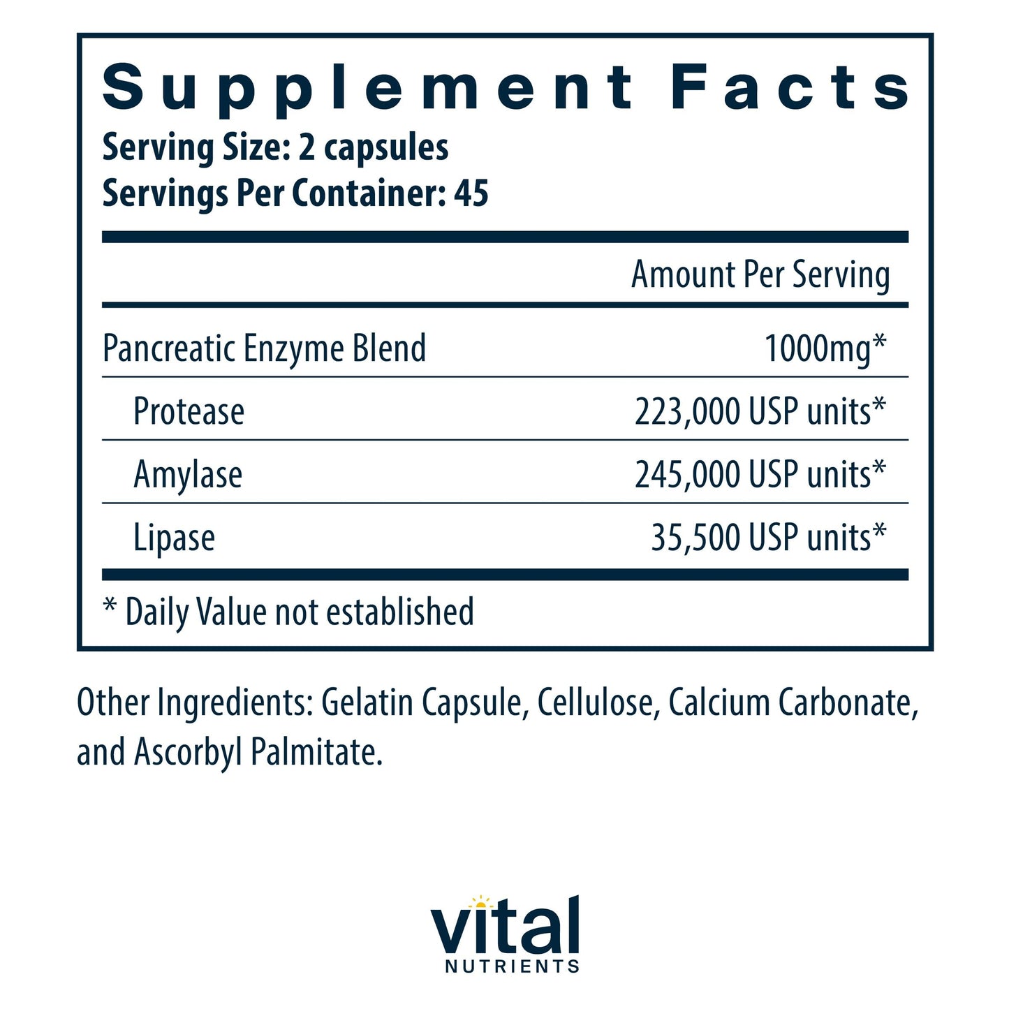 Vital Nutrients Pancreatic Enzymes 1000mg – Full Strength Digestive Enzymes (Protease, Amylase, Lipase) | Gluten, Dairy & Soy Free | 90 Capsules