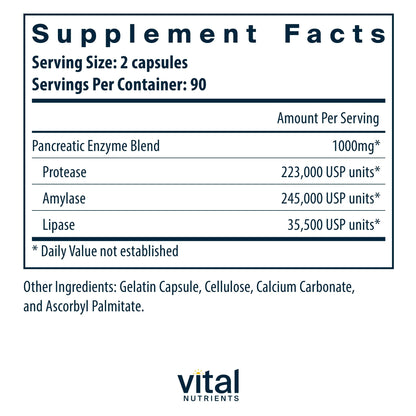 Vital Nutrients Pancreatic Enzymes 1000mg | Full-Strength Digestive Enzymes | Gluten, Dairy & Soy Free | 180 Capsules