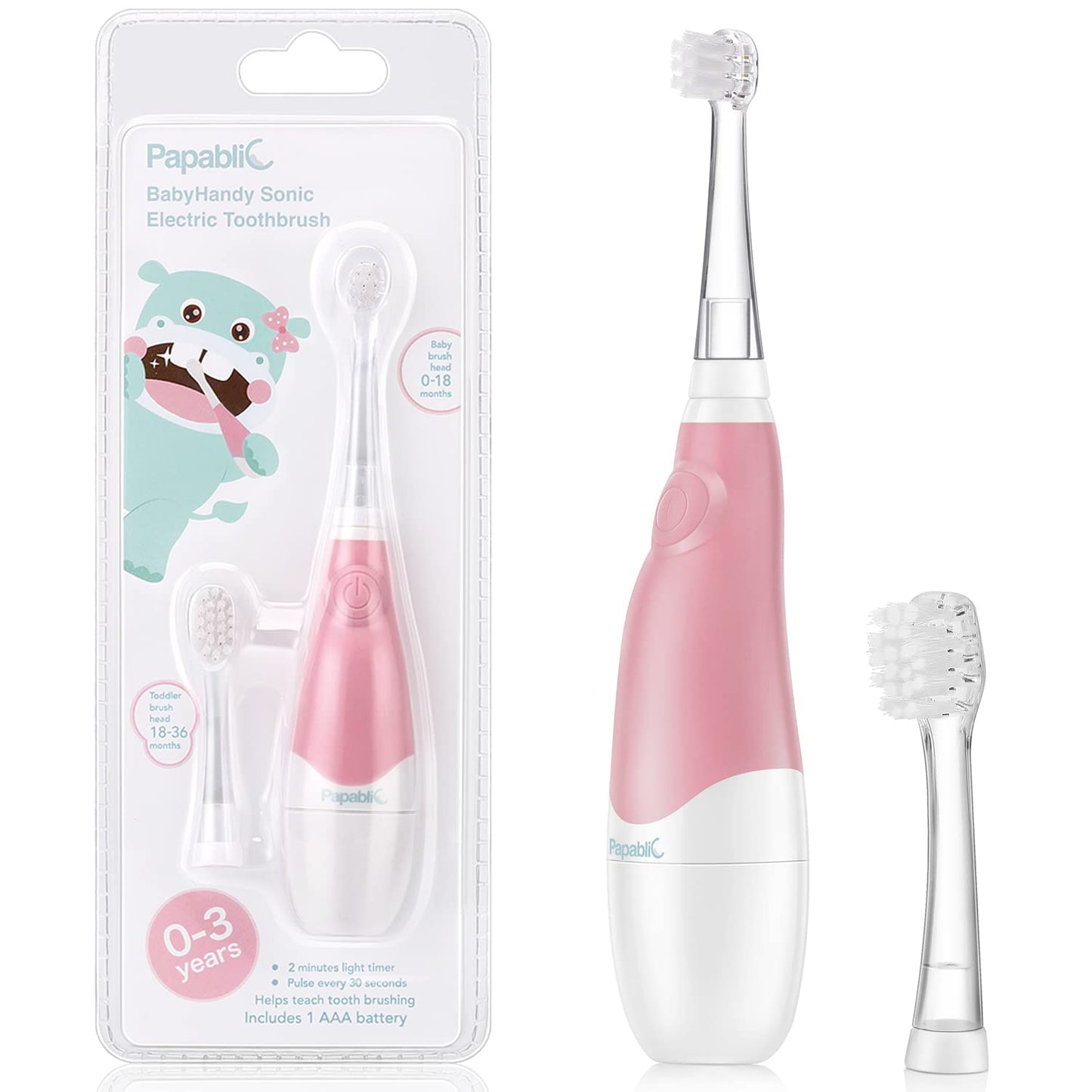 Papablic BabyHandy 2-Stage Sonic Electric Toothbrush for Babies & Toddlers 0-3 Years – Pink