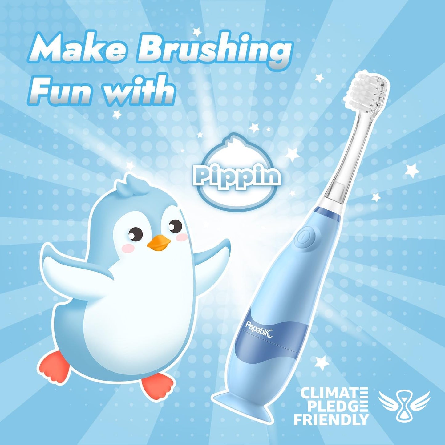 Papablic Pippin Toddler Sonic Electric Toothbrush for Ages 1-3 | Penguin Cover, LED Timer