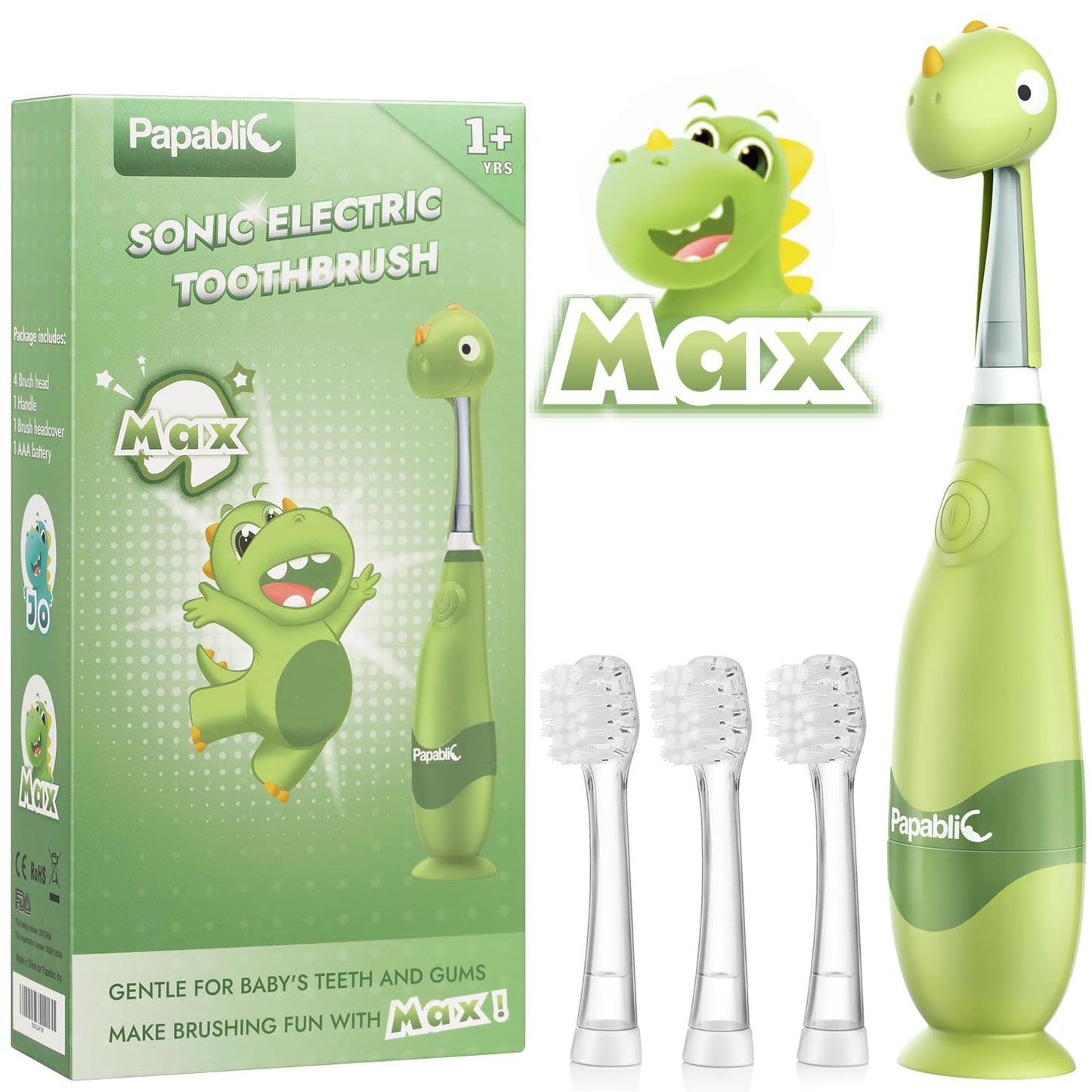 Papablic Toddler Sonic Electric Toothbrush for Ages 1-3 – Dino Cover & LED Timer