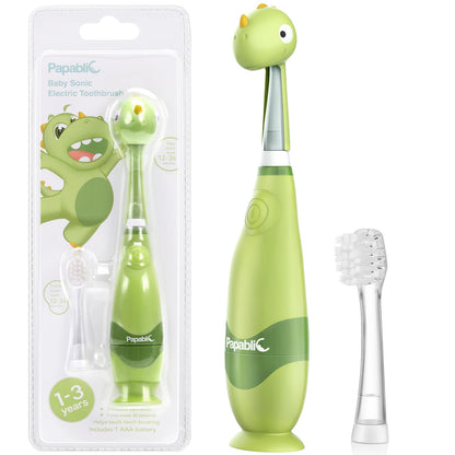 Papablic Toddler Sonic Electric Toothbrush Max for Ages 1-3 | Dino Cover, LED Timer, 2 Brush Heads