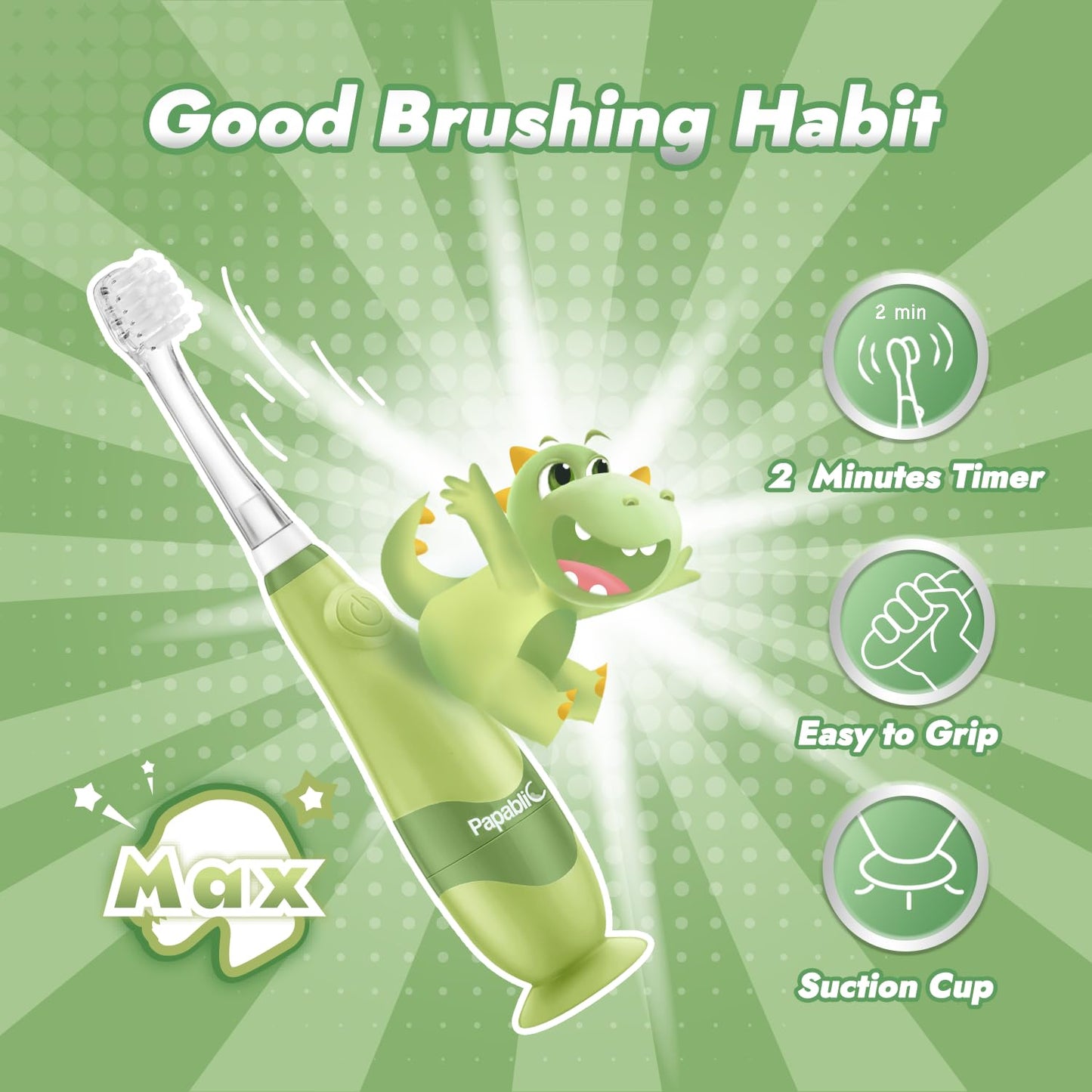 Papablic Toddler Sonic Electric Toothbrush for Ages 1-3 – Dino Cover & LED Timer