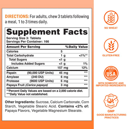 Vitamin World Papaya Enzymes Chewables – Papain, Amylase & Protease (500 Tablets)