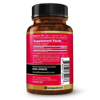 Papaya Leaf Blood Platelet Capsules - 60/600mg, 20x Strength | Herbal Goodness | Made in USA