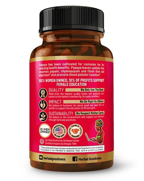 Papaya Leaf Blood Platelet Capsules - 60/600mg, 20x Strength | Herbal Goodness | Made in USA