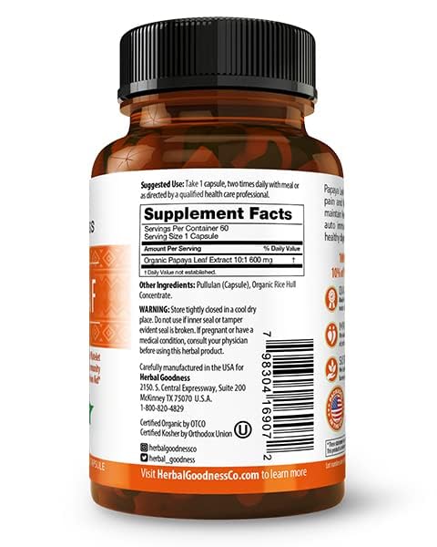 Herbal Goodness Papaya Leaf Extract – 10X Strength, 60/600mg Veg Capsules