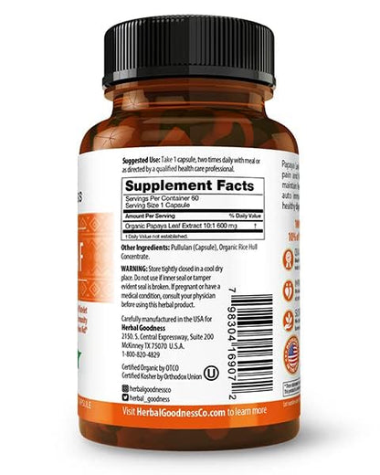 Herbal Goodness Papaya Leaf Extract – 10X Strength, 60/600mg Veg Capsules