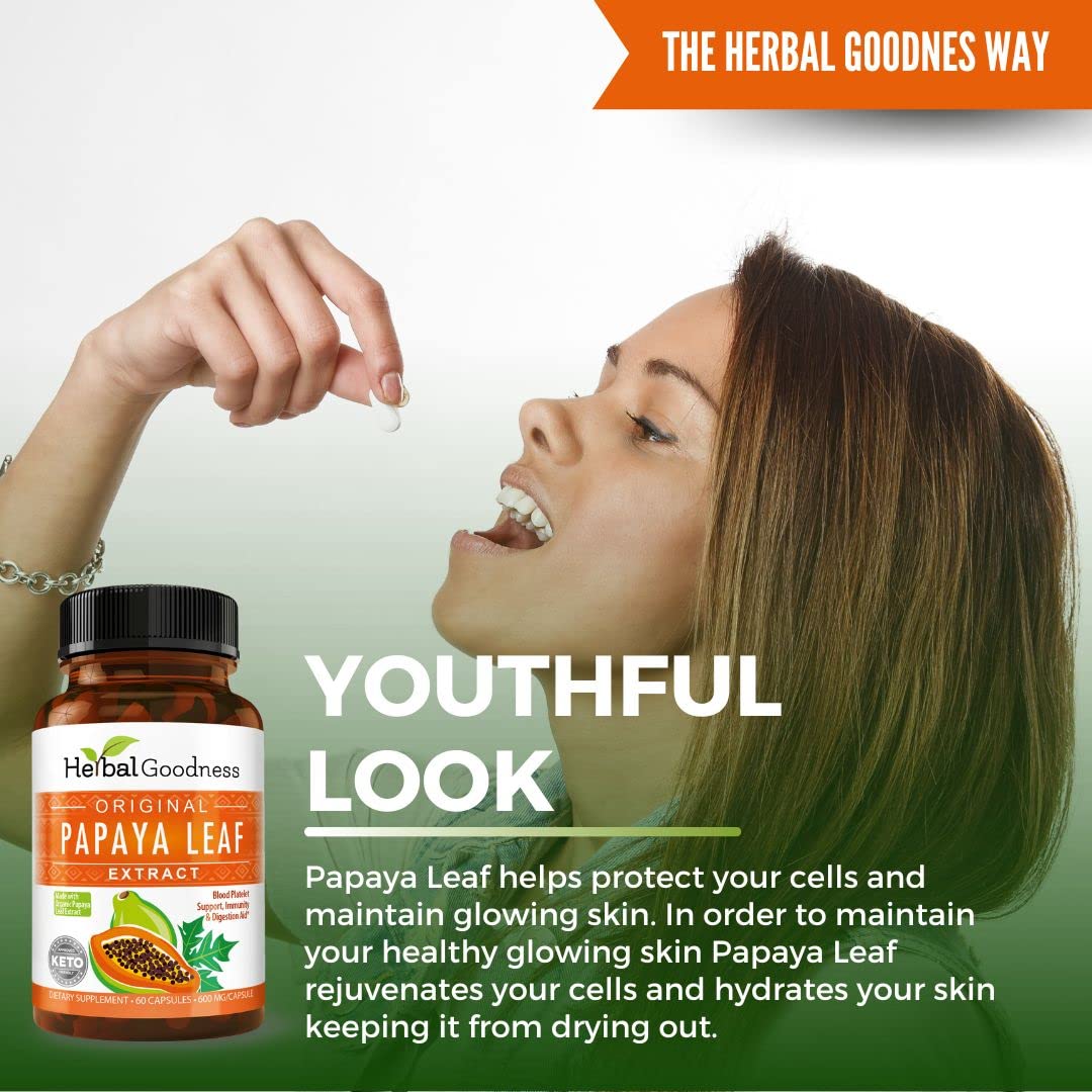Herbal Goodness Papaya Leaf Extract – 10X Strength, 60/600mg Veg Capsules