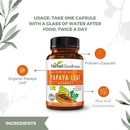 Herbal Goodness Papaya Leaf Extract – 10X Strength, 60/600mg Veg Capsules