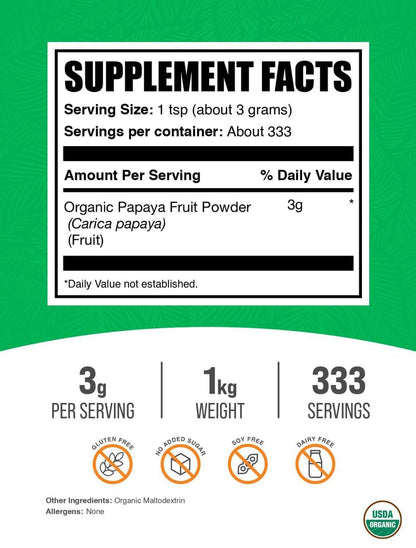 BulkSupplements.com Organic Papaya Fruit Powder – Gluten Free, 1kg (2.2 lbs), 3g per Serving | Flavoring Powder (Pack of 1)